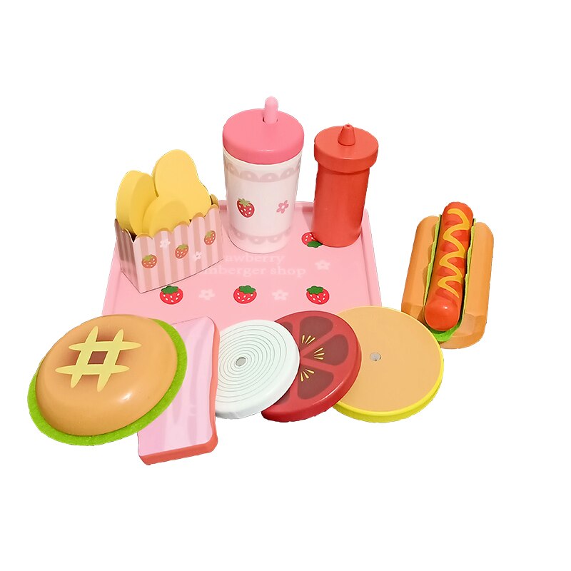 Baby Speelgoed Aardbei Simulatie Hamburger Frieten Houten Speelgoed Voor Kinderen Dog Set Kicthen Voedsel Speelgoed Educatief