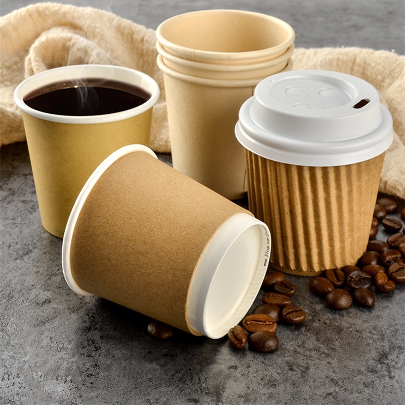 100pcs Disposable coffee cup 4OZ small paper cup yogurt tea juice tasting cups with white lids thick kraft paper takeaway cups