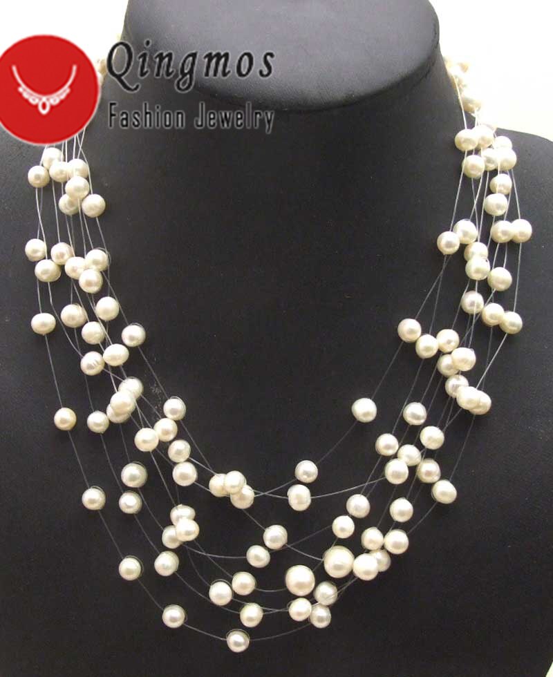 Qingmos Pearl Necklace for Women - 6-7mm Round Freshwater Pearls - 8 to 20 Strands - 18-20 Inch Length: White 8 strands