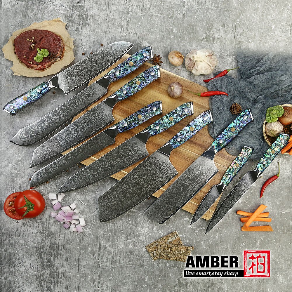 Amber Damascus Mes Professionele Keuken Chef Utility Santoku Steak Uitbenen Cleaver Messen Japanse Mes Abalone Shell Handvat