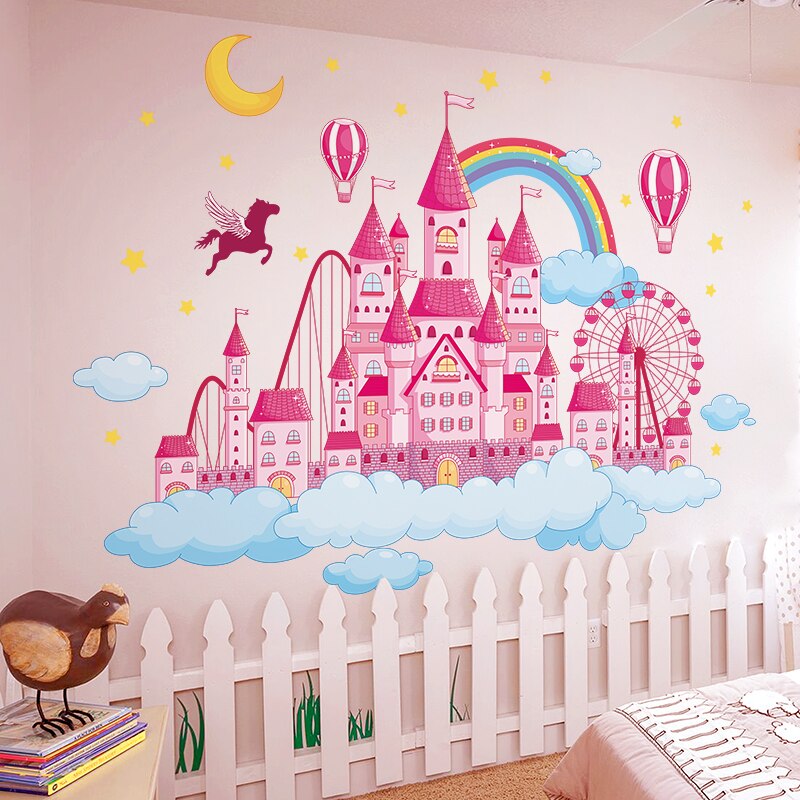[shijuehezi] cartoon kasteel muurstickers diy wolken maan sterren muurstickers voor kinderkamer babykamer huisdecoratie