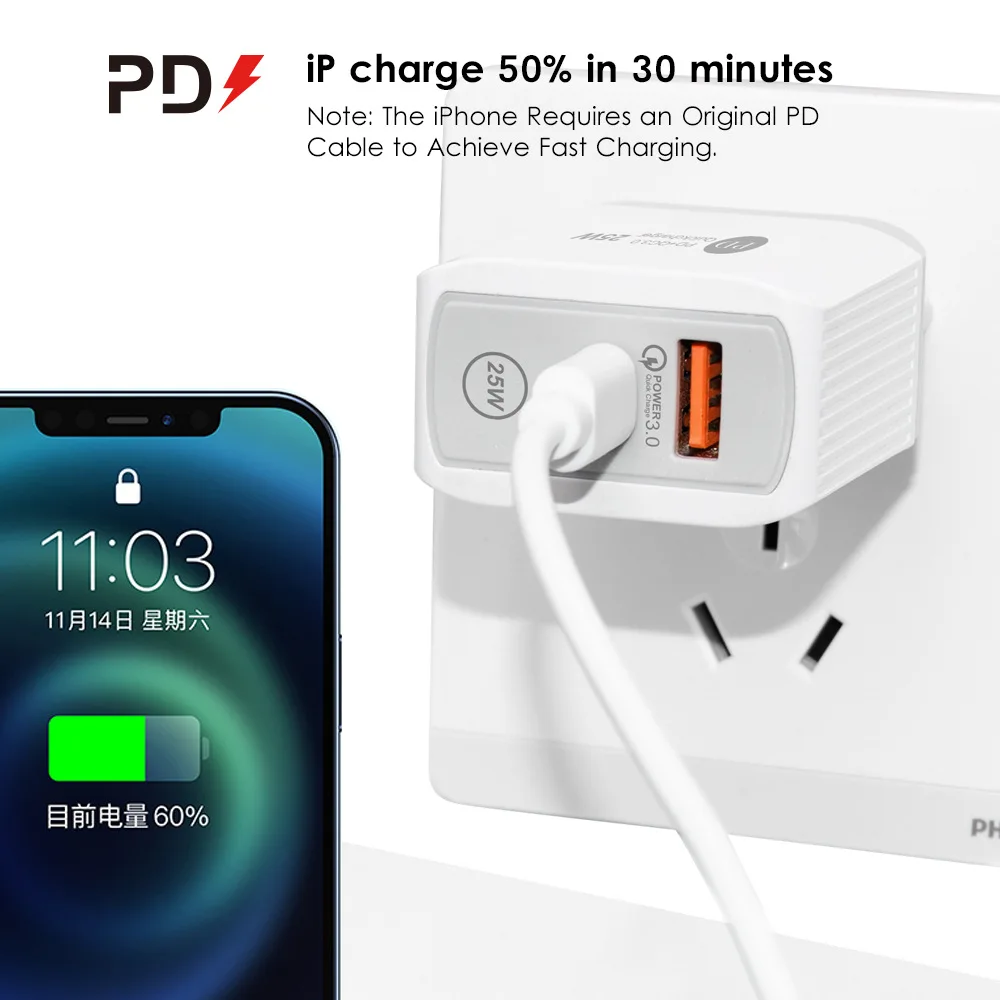 25W PD+QC3.0 Fast Charge Mobile Phone Charger for IPhone 12 13 Pro Max Macbook Dual Output Charging Adapter