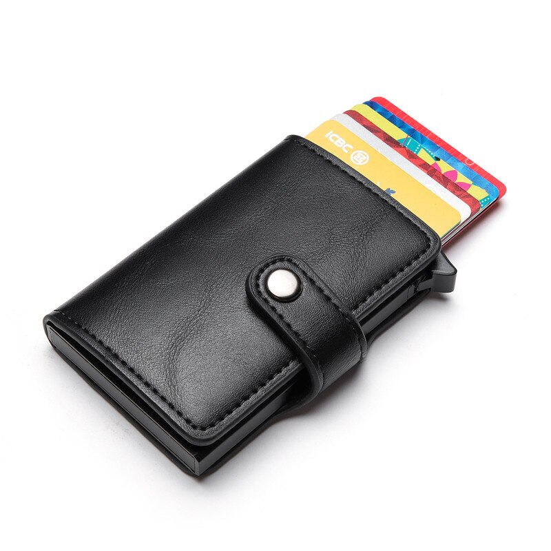 BISI GORO Casual Card Holder Hasp Protector Smart Card Case RFID Aluminum Box Slim Men and Women PU Leather Wallet: Black YM015