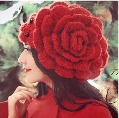 Store blomster perler hætter søde kvinder vinter hat beanies dame hovedbeklædning beanies kvinders vinter hatte kvindelig uld strikket hat: Rød