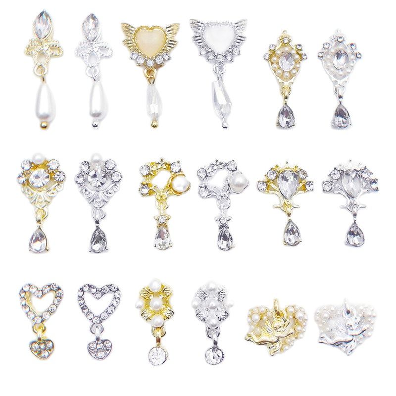10pcs-Heart Jewelry Nail Dangle Charms Angel With Pearls+Rhinestones Decors For Acrylic Nails 18 Manicure Decorations #F2