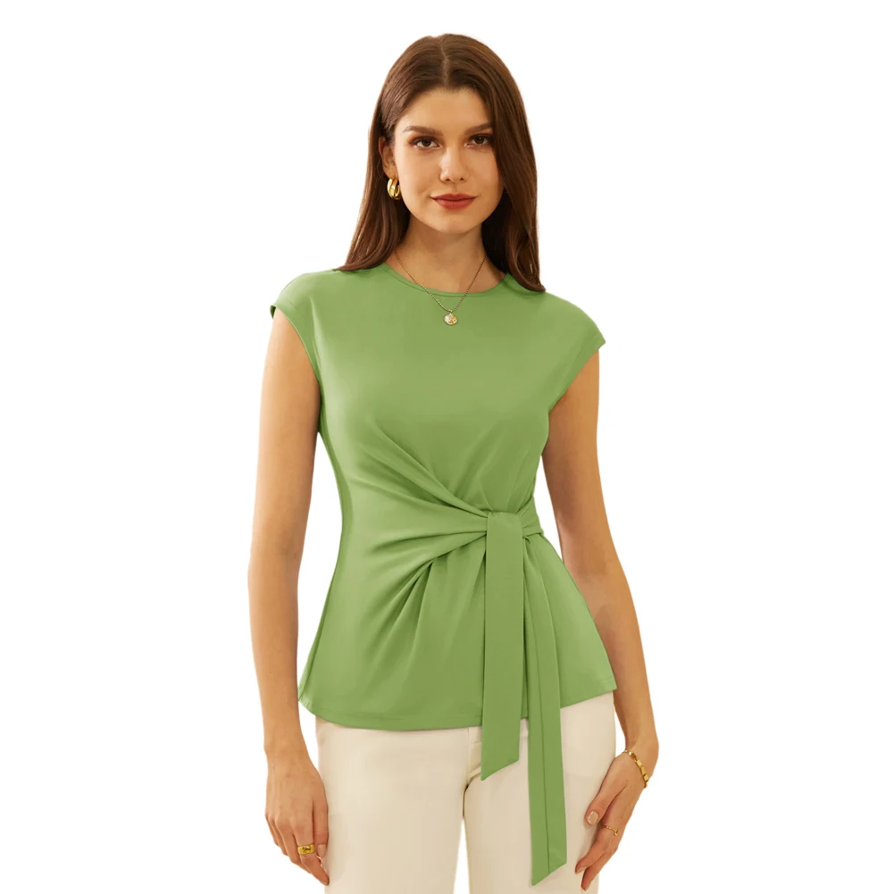 Gk kvinder bluser foran sløjfe knude dekorerede toppe klassiske kasketærmede rund hals pullover sommertoppe bluser femme