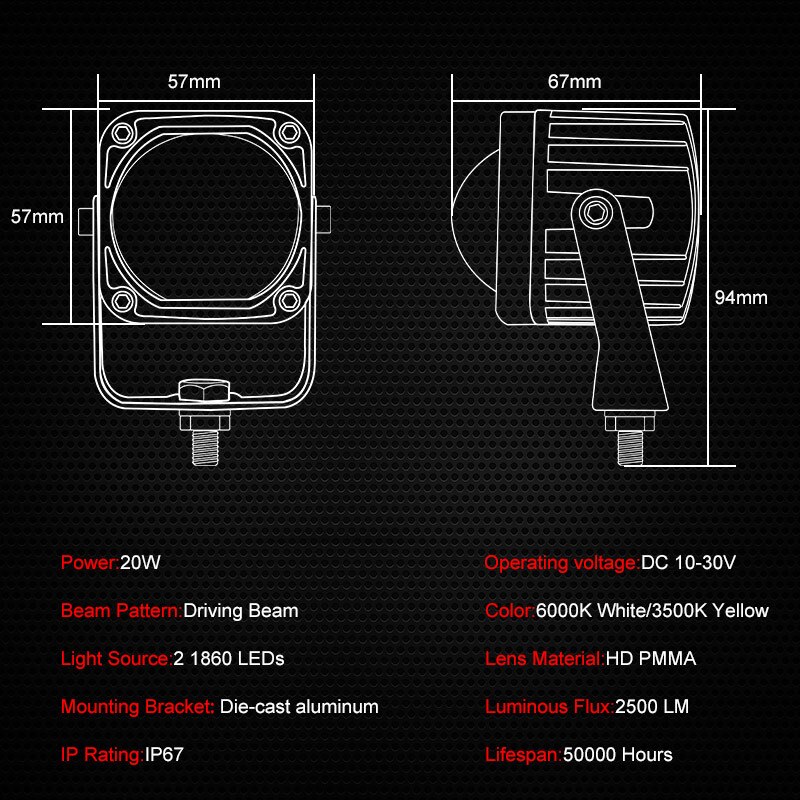 2Inch LED Work Light Black/Red Square LED Driving Light LED Pods White Yellow light 20W 2500LM For Offroad Car Truck SUV Boat