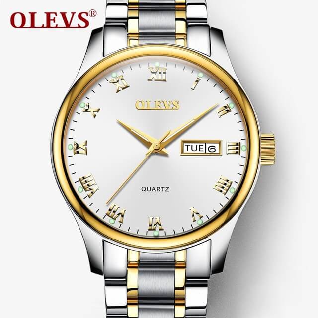 OLEVS Paar Horloge Paar Rvs/Lederen Dames Horloge Datum Lichtgevende Quartz Mannen Horloges Waterdicht Horloge: Men Steel White