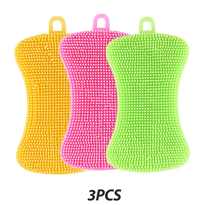 3PCS Silicone Dish Washing Brush Pot Pan Sponge Scrubber Silicone Scouring Pad Fruit Pot Pan Wash Brushes Kitchen Cleaning Tool: 3pcs-I
