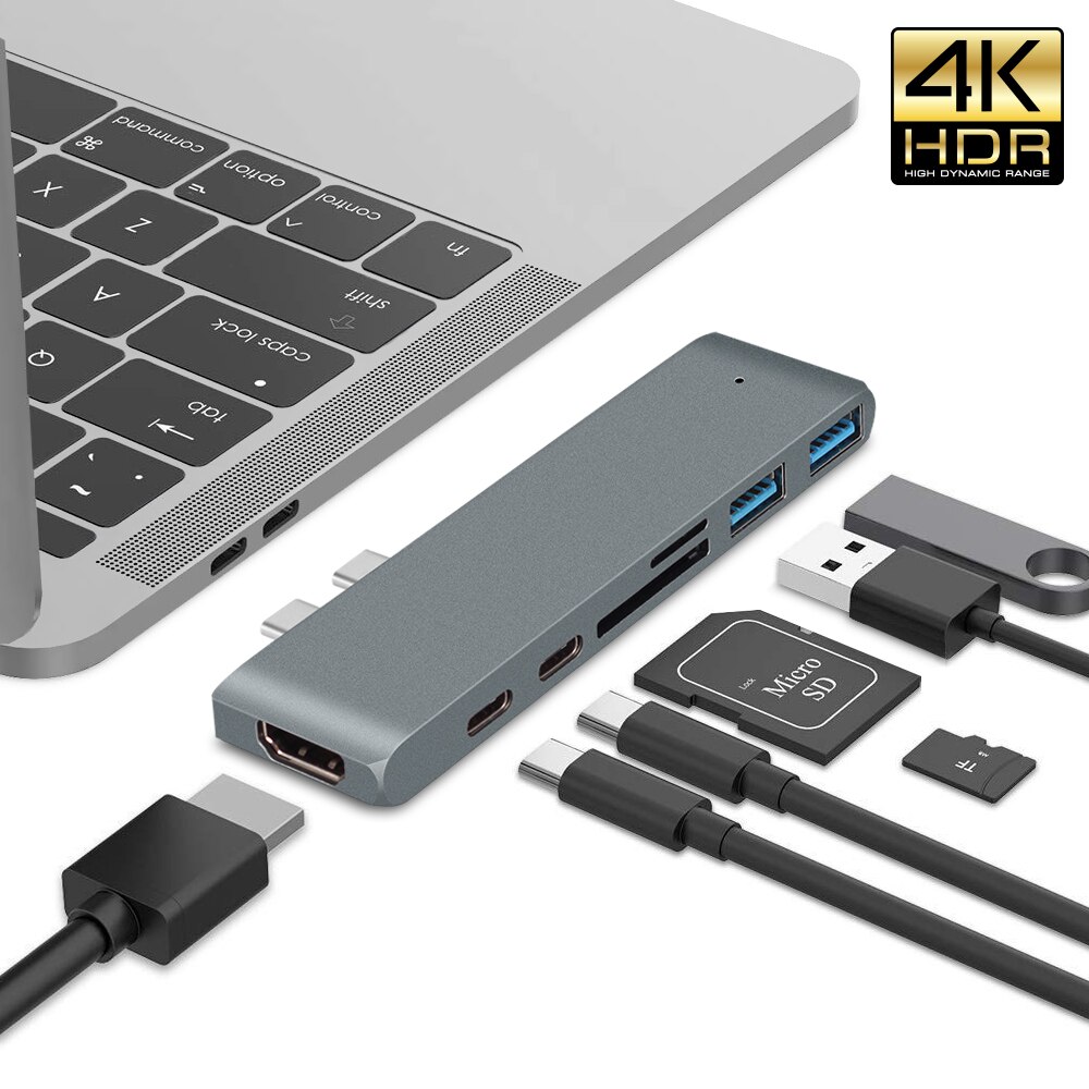 Dual type-c USB C for MacBook pro Laptop Docking Stations to HDMI TF SD card reader HUB docking station 4K Support mac air: Gray Dual Type-c