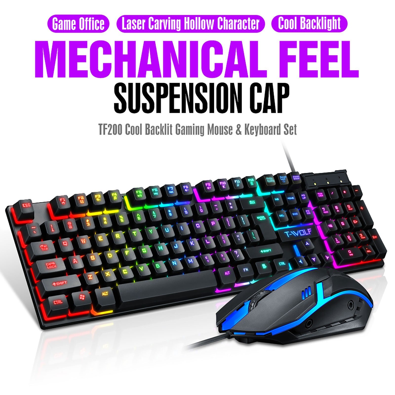 Gaming keyboard TF200 Rainbow Backlight Usb Ergonomic Gaming Keyboard and Mouse Set for Laptop Mechanic Keyboard Mouse Set