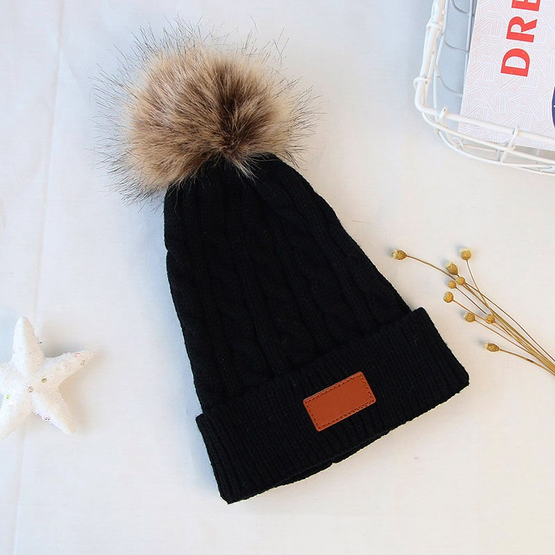 Cappello invernale da bambino berretto caldo lavorato a maglia spesso cappelli pompon carini per ragazzi ragazze cappellino tinta unita per bambini: black