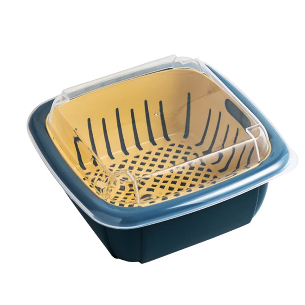 Multifunction Double-layer Drain Basket with Lid Kitchen Refrigerator Drain Storage Box Plastic Fruit Storage Basket: YELLOW