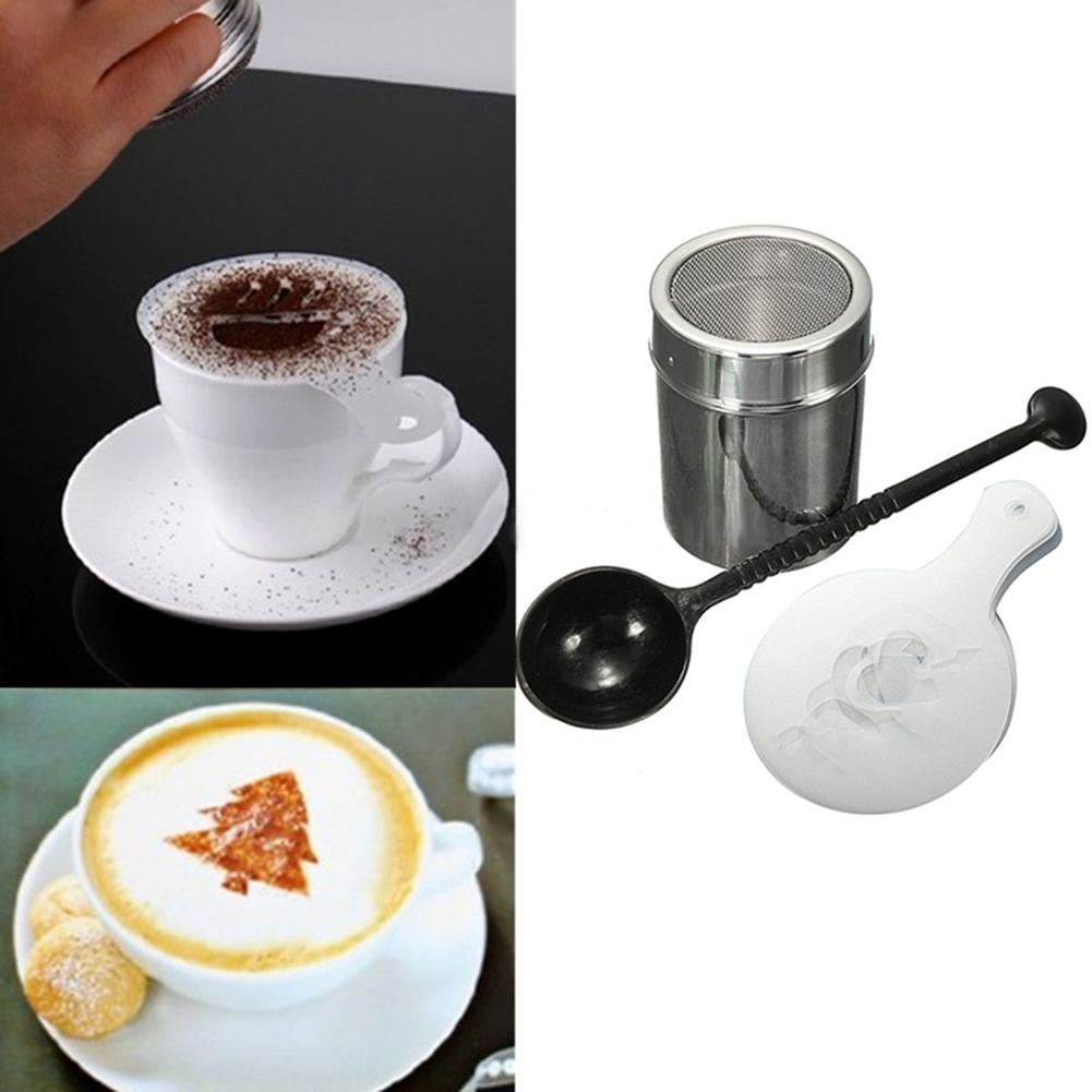 Miliner Rvs Chocolade Shaker Cacao Meel Koffie Zifter + 16Pcs Koffie Stencils Template Strooit Pad Duster Spray