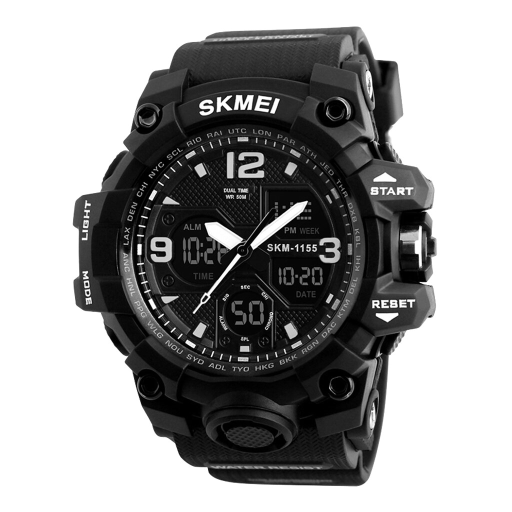 50M Waterdichte Heren Sport Digitale Horloge Analoge Digitale Horloge Met Dual Time Display El Backlight Chrono Alarm: Black