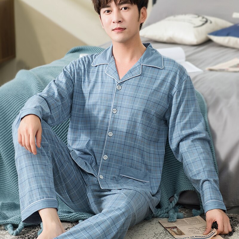 100%  bomulls pyjamas för män 2 stycken lounge nattkläder pyjamas rutig höst sänglinne hem kläder man pjs ren bomull pyjamas set