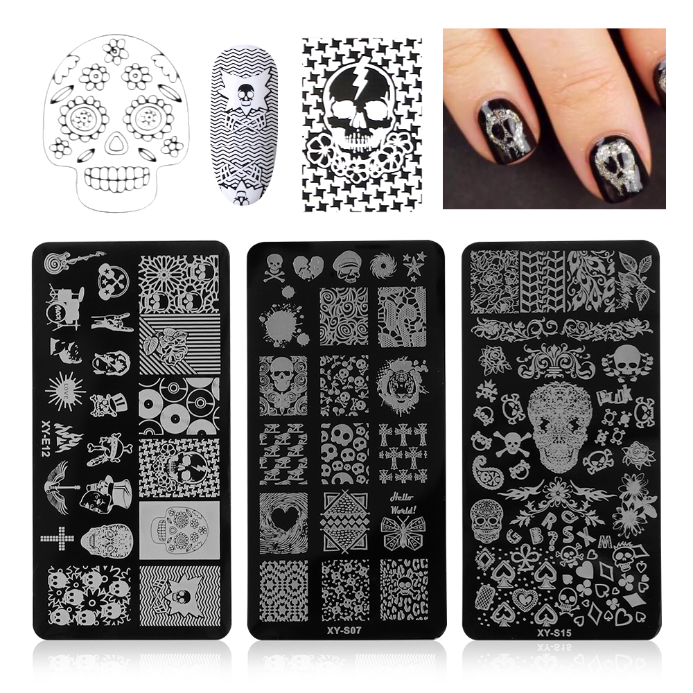 Fuld skønhed halloween kranium ben ugle edderkop jul negle stempling plade manicure billede skabelon festival negle stencil 12*6cm