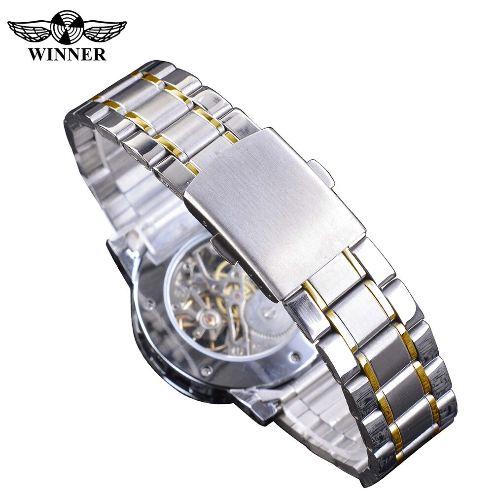 Forsining Diamond Golden Sliver Skeleton Transparante Mechanische Horloge Roestvrij Staal Lichtgevende Sport Business Mannen Horloge