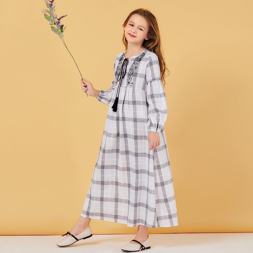 Muslimske piger kjole plaid pufærmer marokkanske kjoler børn børn kimono islamisk tøj a-line vestido kaftan abaya elbise: Hvid / 6y