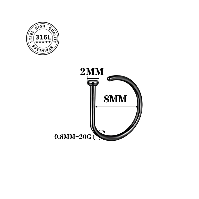 Aro de tornillo para nariz de 20G, aro hipoalergénico de acero inoxidable en forma de D, joyería para Piercing para nariz para mujeres y hombres: Zinc negro plateado