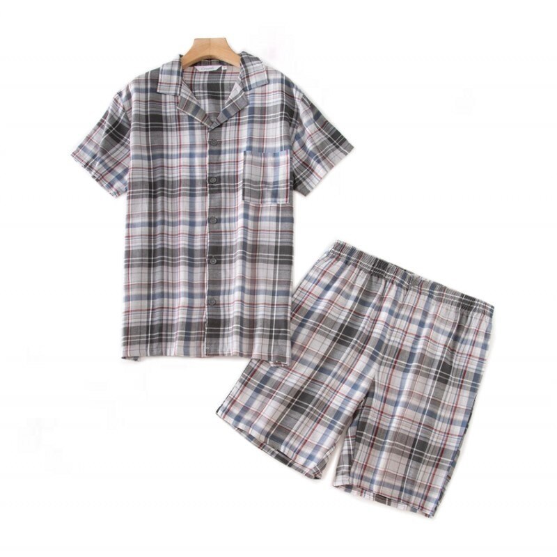 Verão masculino 100% algodão pijamas conjuntos de pijama de xadrez casual masculino terno de gola redonda manga curta cardigan camisa &amp; meia calças: B / L