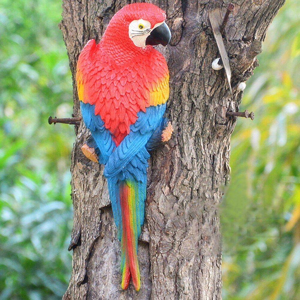 Simulation Resin Parrot Statue Toy Wall-mounted DIY Outdoor Garden Tree Decoration Animal Sculpture Garden Decoration Ornaments: Red Left