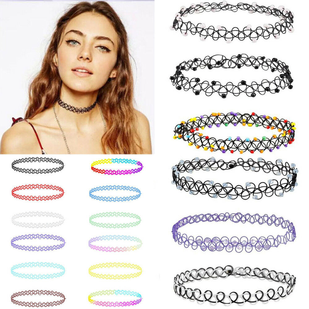 12Stck Jahrgang strecken Halsband Halskette Dame Mädchen Tätowierung Halsband Halskette Punk retro gotisch elastisch Anhänger Weihnachten Party Tragen