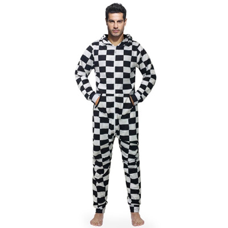 Best Sutumn Winter Pajamas Jumpsuit For Men Black White Plaid Print Slim Clothes Onesie For Adults Hooded EU Size Arrivals