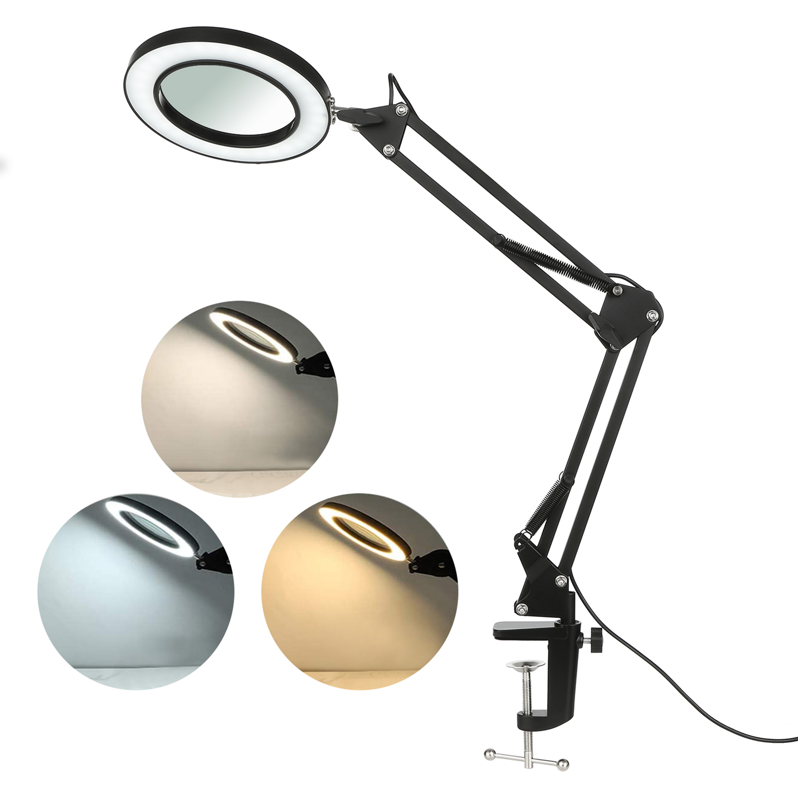8x Verlicht Vergrootglas Glas Flexibele Clamp-On Tafellamp Swing Arm Dimbare Leds Bureaulamp 3 Kleur 10 Niveaus werk Lezen Licht: Black