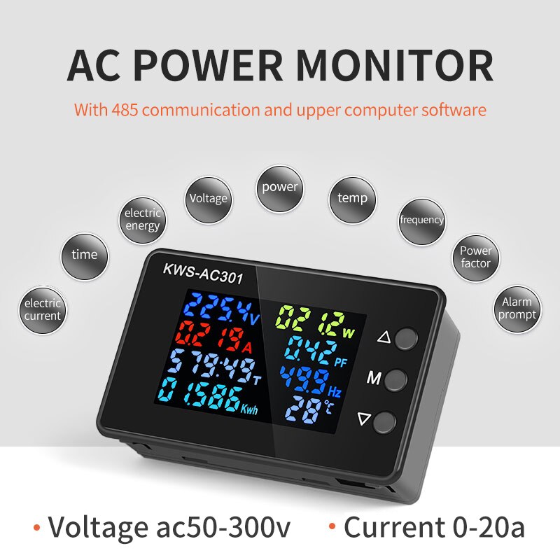 Voltímetro Digital de KWS-AC301, medidor de potencia eléctrica, vatímetro, analizadores de energía CA 50-300V, Detector de voltaje 0-100A 50-60HZ: 301L- 20A