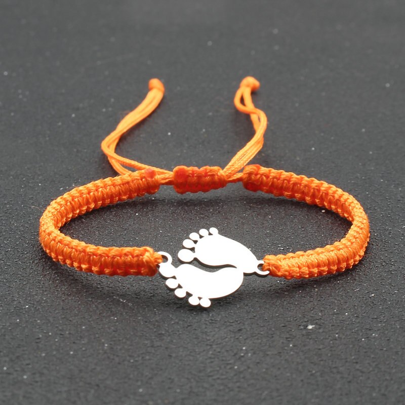 Bransoletka amulet ze stali nierdzewnej para urocza mała stopa szczęście czerwona nić plecione bransoletki i Bangles dla kobiet mężczyzn biżuteria mankiet: Orange