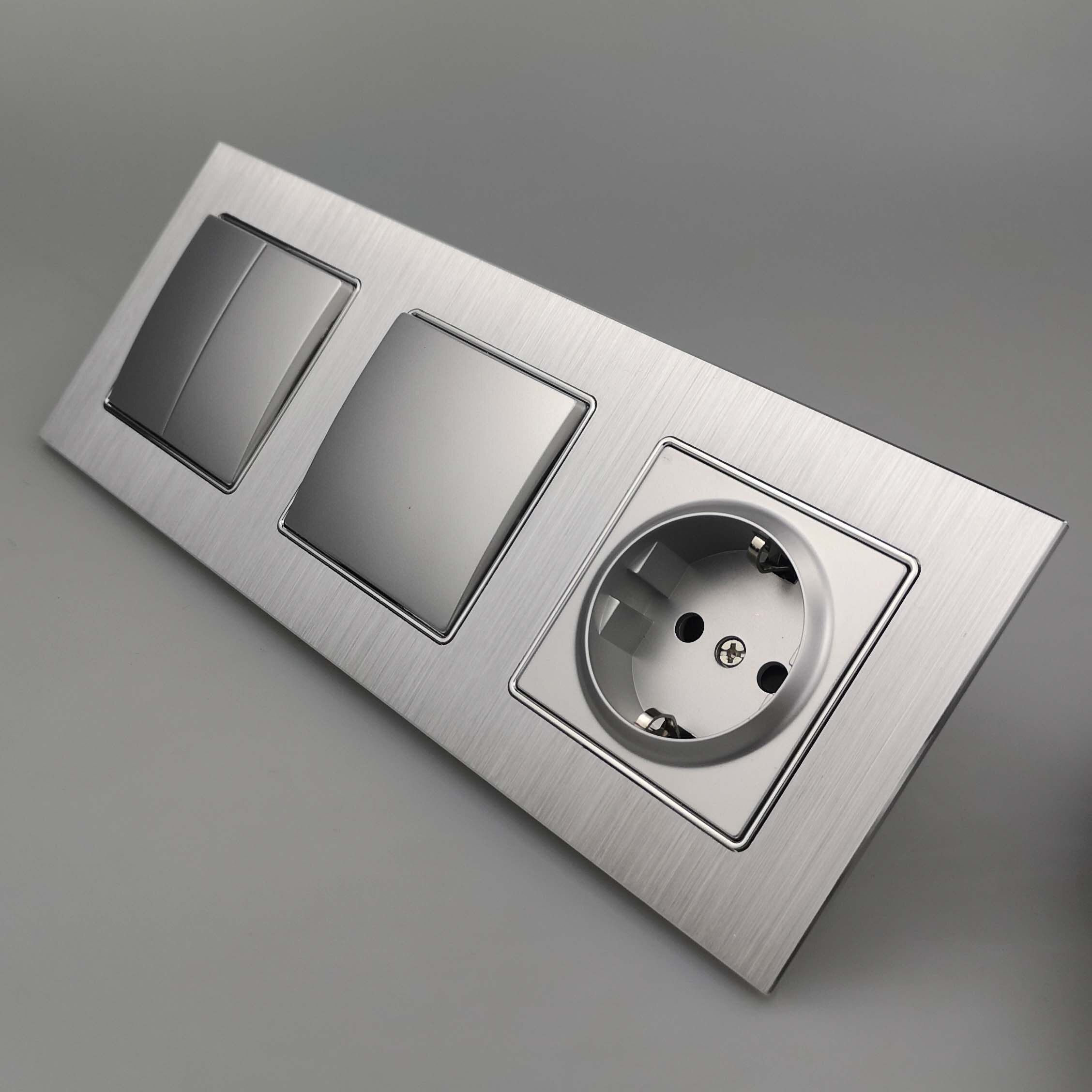 Silver Double EU Socket for EU Box Wallpad 156*86mm 110V-240V Satin Metal Panel Wall 16A Power Electrical Sockets