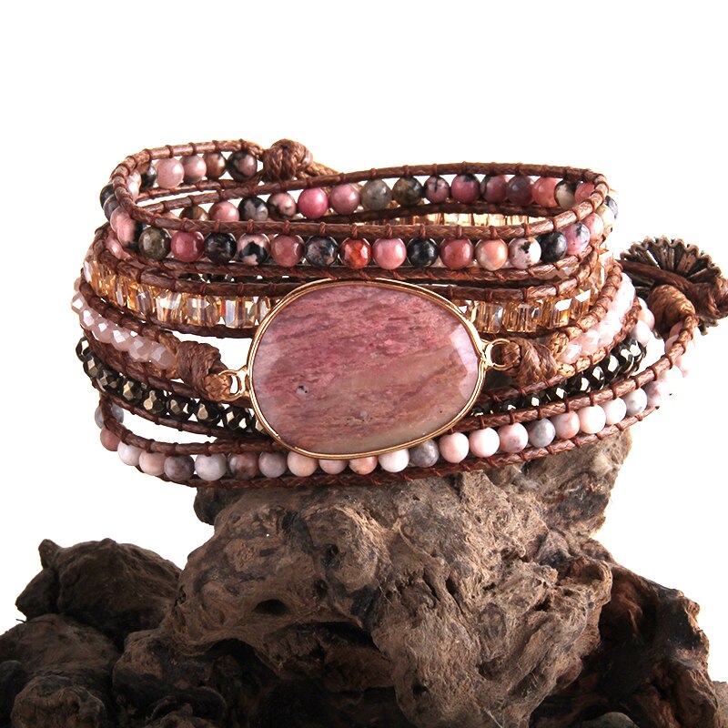 RH Boho Beaded Bracelet Handmade Mixed Natural Stones & Crystal Stone Charm 5 Strands Wrap Bracelets: red purple