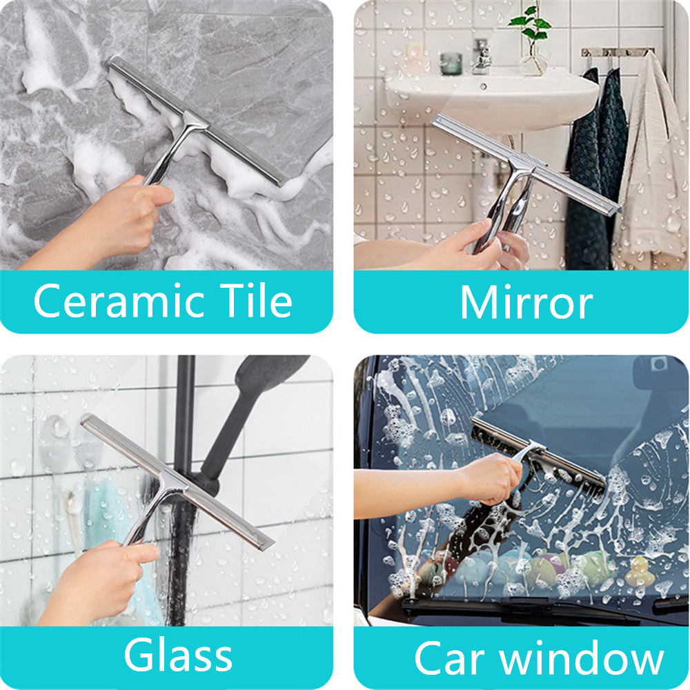 Shower Squeegee Window Wiper Stainless Steel Window Squeegee Shower Cleaner with Bathroom Mirror Cleaning Brush Glass Scraper