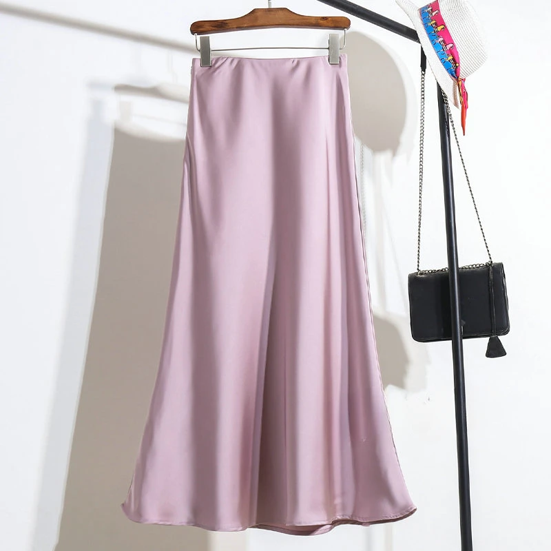 Højtaljet a-linje nederdel til kvinder satin silke ensfarvede nederdele kontordame elastisk talje dame lang nederdel sommer: Xl / Lavendel