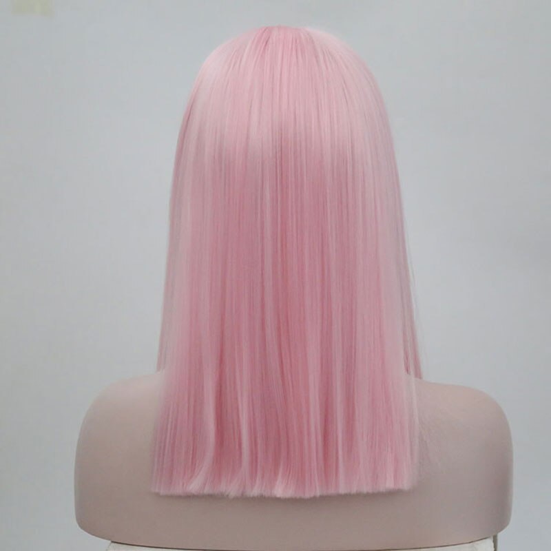 Bombshell rosa kort rett bob syntetisk hår blonder foran parykk limfri varmebestandig fiber hår midtskill for kvinner parykker