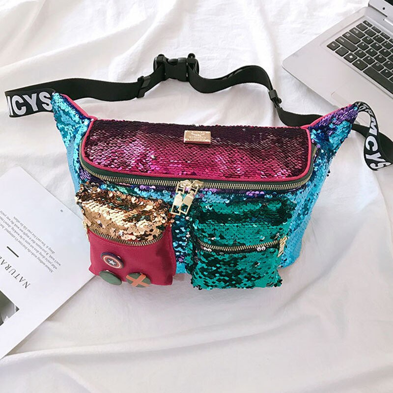 Sequins Hip hop Fanny pack For Women Waist Bag Large capacity Crossbody Chest Bags Female Waist Belt Bag Waist pack