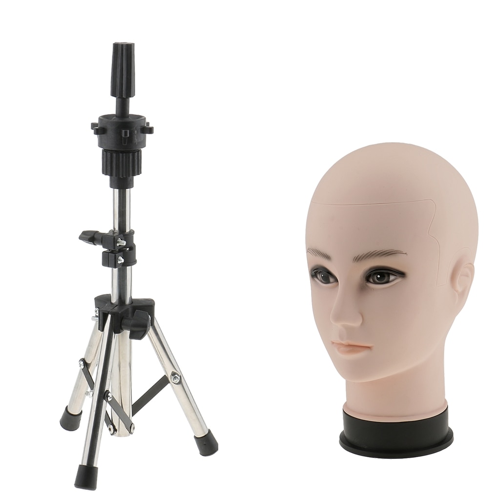 Plastic Bald Male Make up Manikin Head Cosmetology Mannequin Manikin Doll for Wig Making and Display with a Tripod Holder