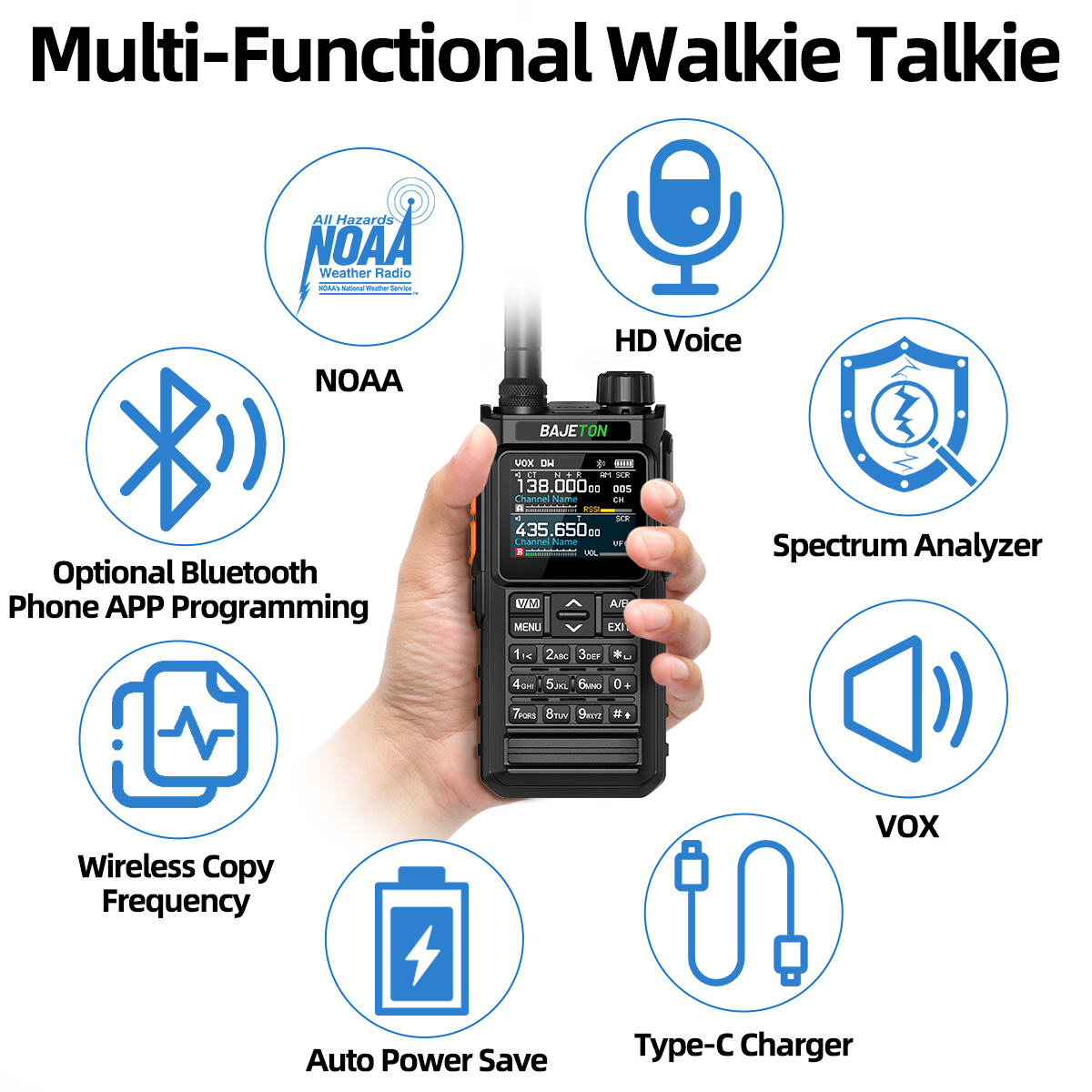 BAJETON BJ7700 Walkie Talkie Multi Banda Sem Fio Bluetooth Programação de Telefone Redução de Ruído AM FM Ham Rádio Para Acampamento BJ8200