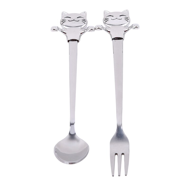 2 stk tegneserie dyregafler og skeer rustfrit stål frugtgaffel dessert ske sæt bordservice køkkenredskaber middagskeer: Kat