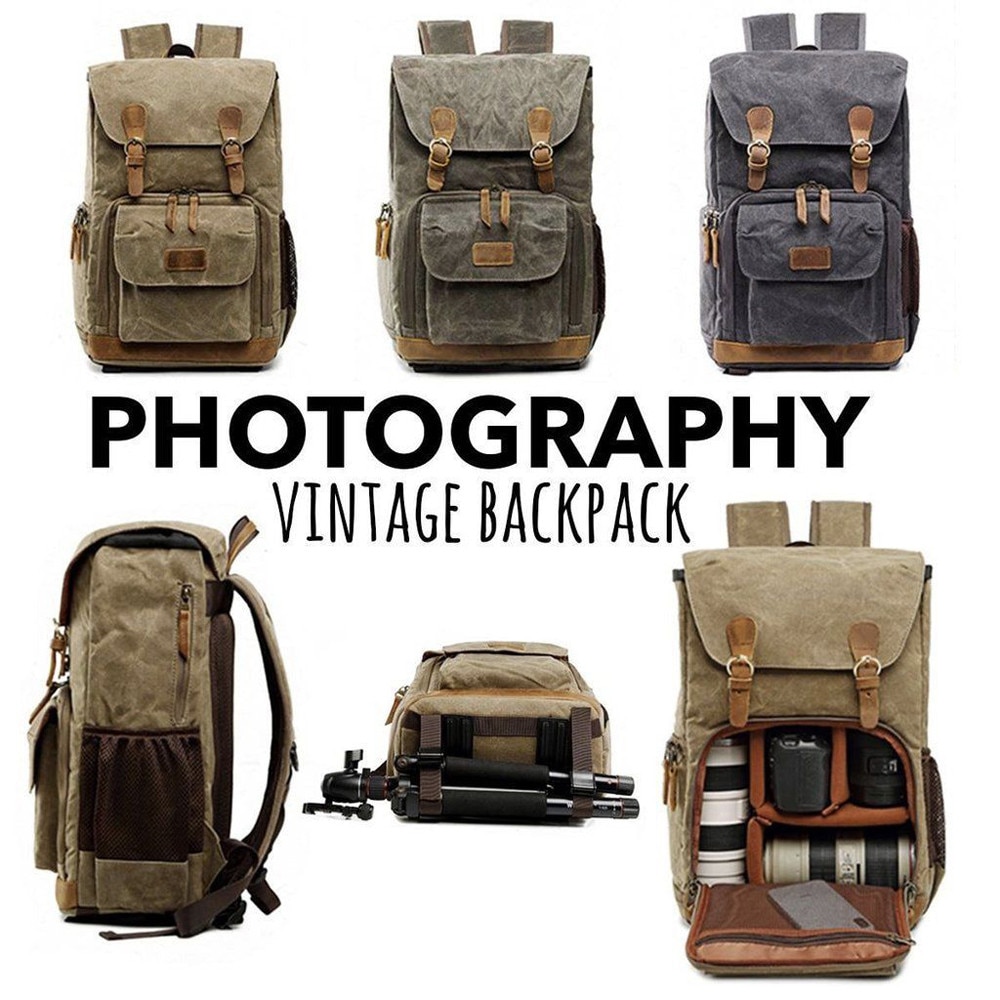 Premium vintage fotografering rygsæk vandtæt fotografering lærredstaske stor kapacitet mænd kvinder rygsæk rejsetaske  #40