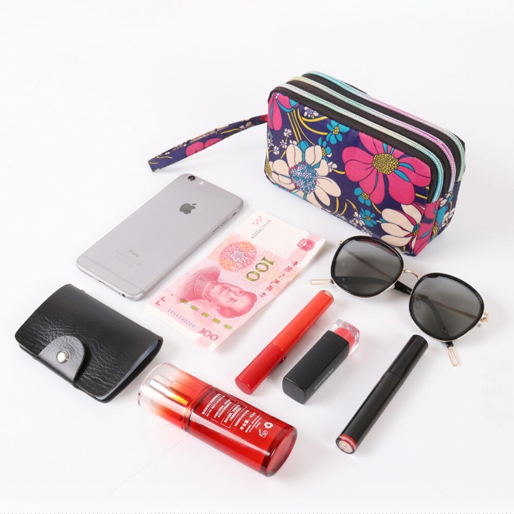 Buylor portfele dla kobiet torebka poliester etui na telefon Organizer na dokumenty karty dama Organizer moneta torebka 3 zamek kwiatowy kieszenie sprzęgło
