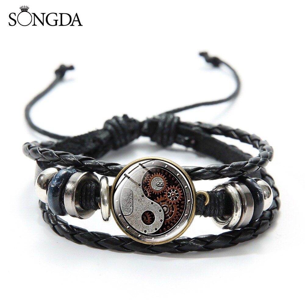 Steampunk Gear Yin Yang plecione skórzane bransoletki dla kobiet mężczyzn Tai Chi drzewo życia artystyczny wzór szklaną kopułą Charm bransoletka