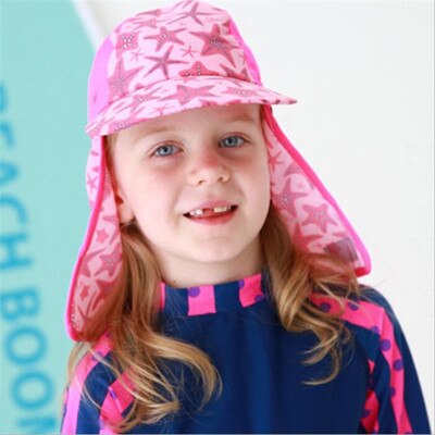 Enfants été plage UV coupe casquette 1-12 ans bébé chapeau garçons filles enfants bonnet de natation respirant cou Protection en plein air chapeau de soleil: Pink starfish