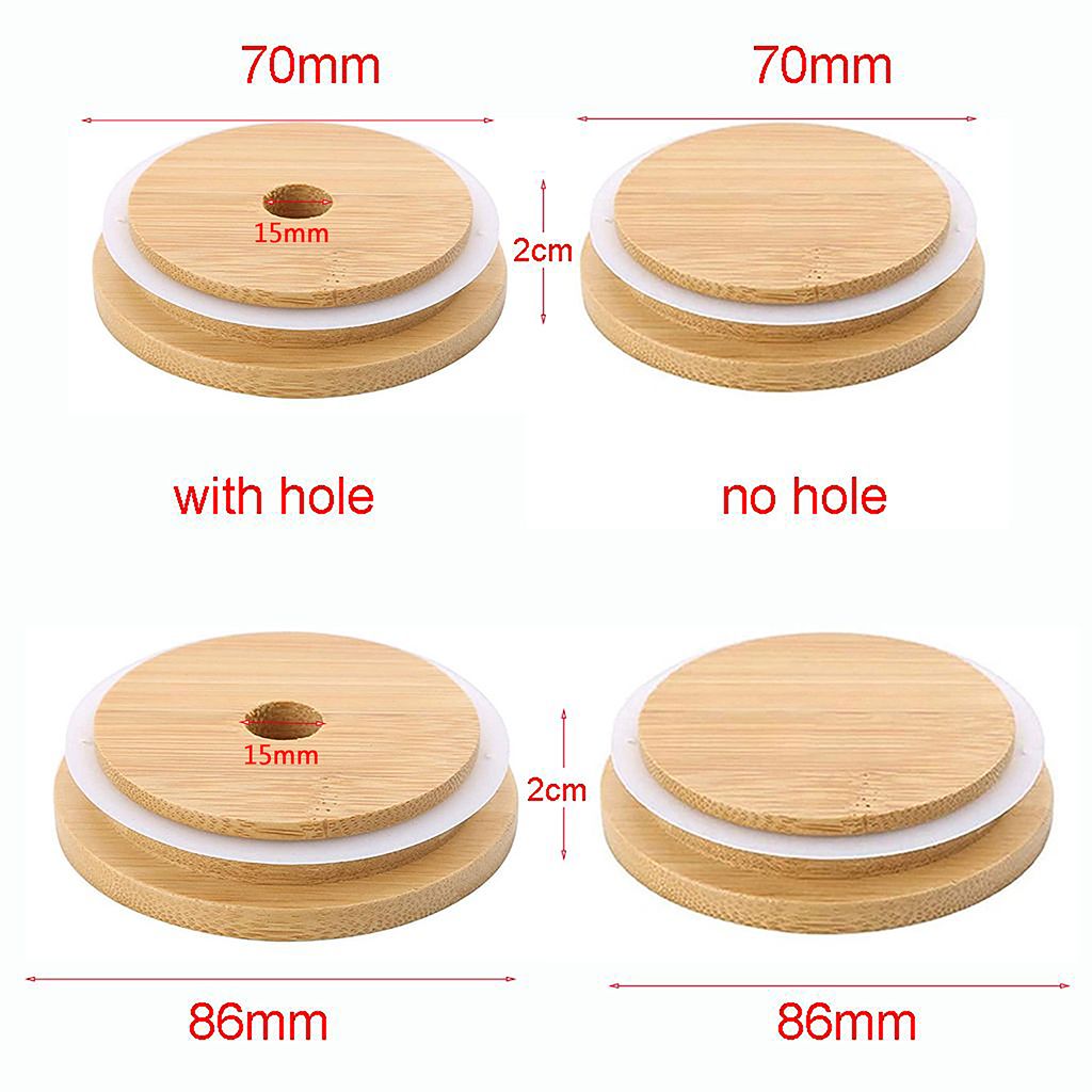Tapas de tarros de madera de bambú con anillo de sellado de silicona, tapa de madera reutilizable, botellas, tazas, tapas de vasos con agujero de paja, 70/86mm, 1 ud.