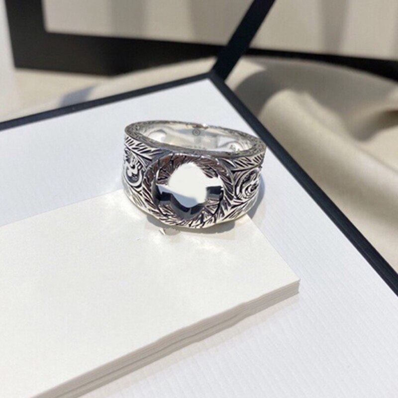 Glamour Original Logo Couple Rings,S925 Pure Silver 1:1 GC Retro Wide Pattern Carved G Ring Classic Laides Men Jewelry