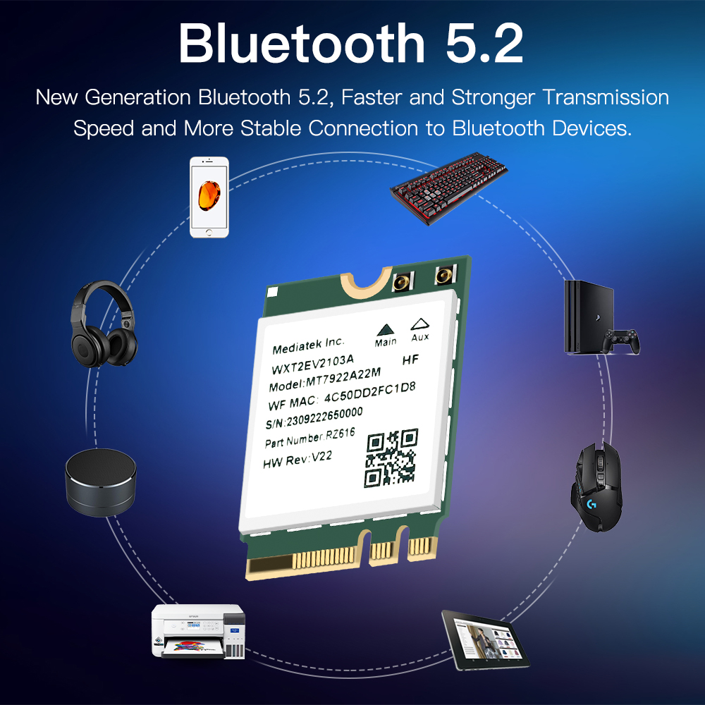 Wifi 6e mt7922 m.2 placa sem fio 5374mbps bluetooth 5.2 adaptador de rede 802.11ax 2.4g/5g/6ghz mediatek mt7922 MU-MIMO win 10 11