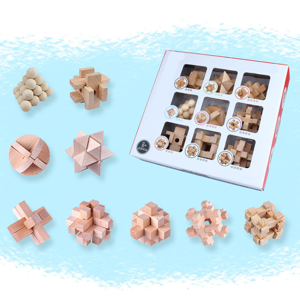 9Pcs Wooden Brain Teaser Puzzle IQ Test Toy Kong Ming Lock Puzzle Disentanglement Puzzles Toy Unlock Interlock Game For Kids #30