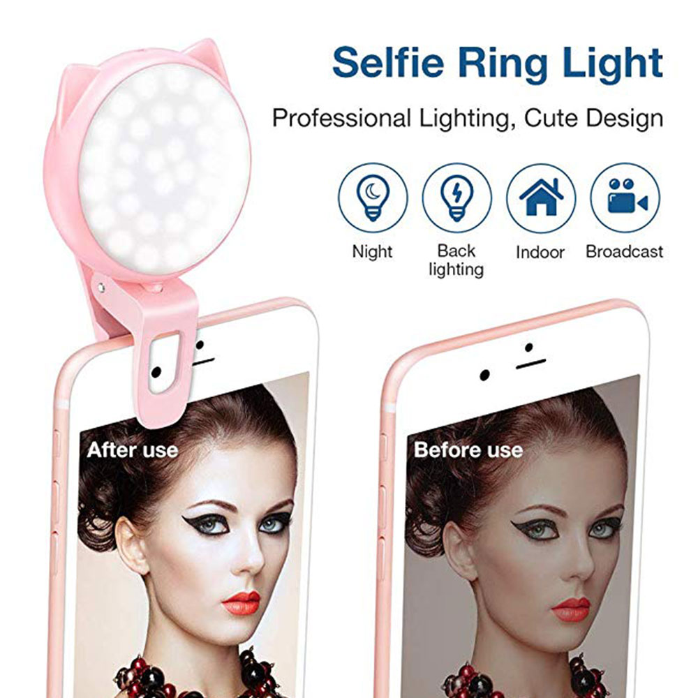 Selfie Ring Light LED Rechargeable Clip on Ring Light with 3 Brightness 32 Bulbs Mini USB Fill Light for Makeup Phone