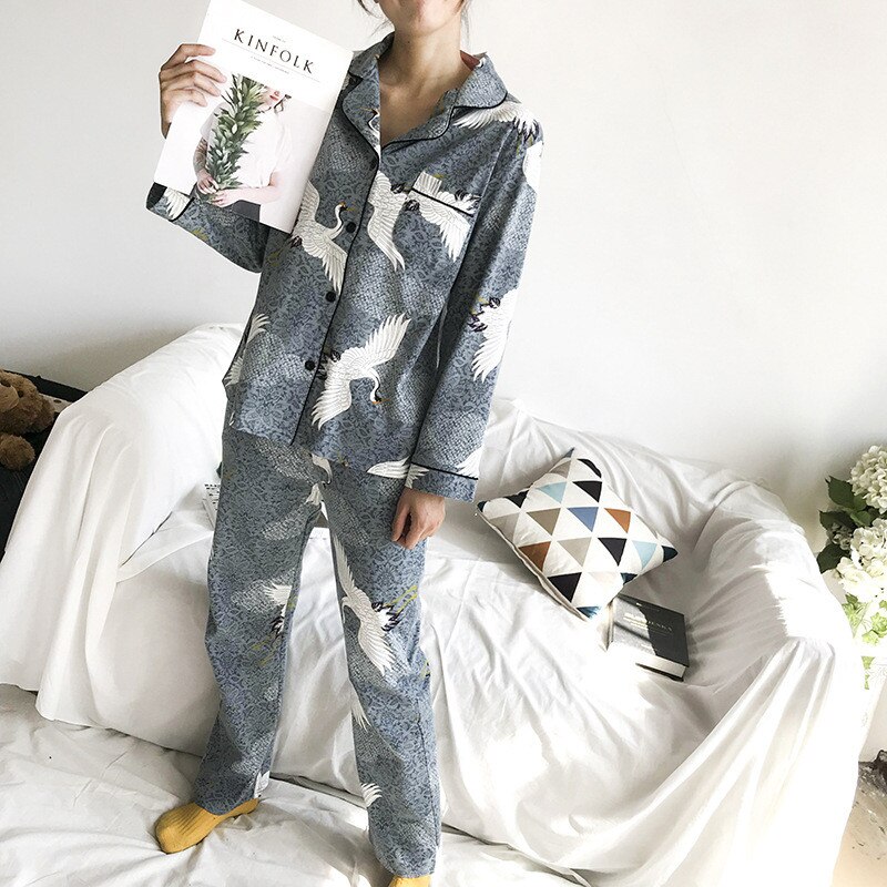 Julis sang 2 stykker trane kvinder pyjamas sæt bomuld dyre revers tryk revers blødt langærmet forår efterår nattøj